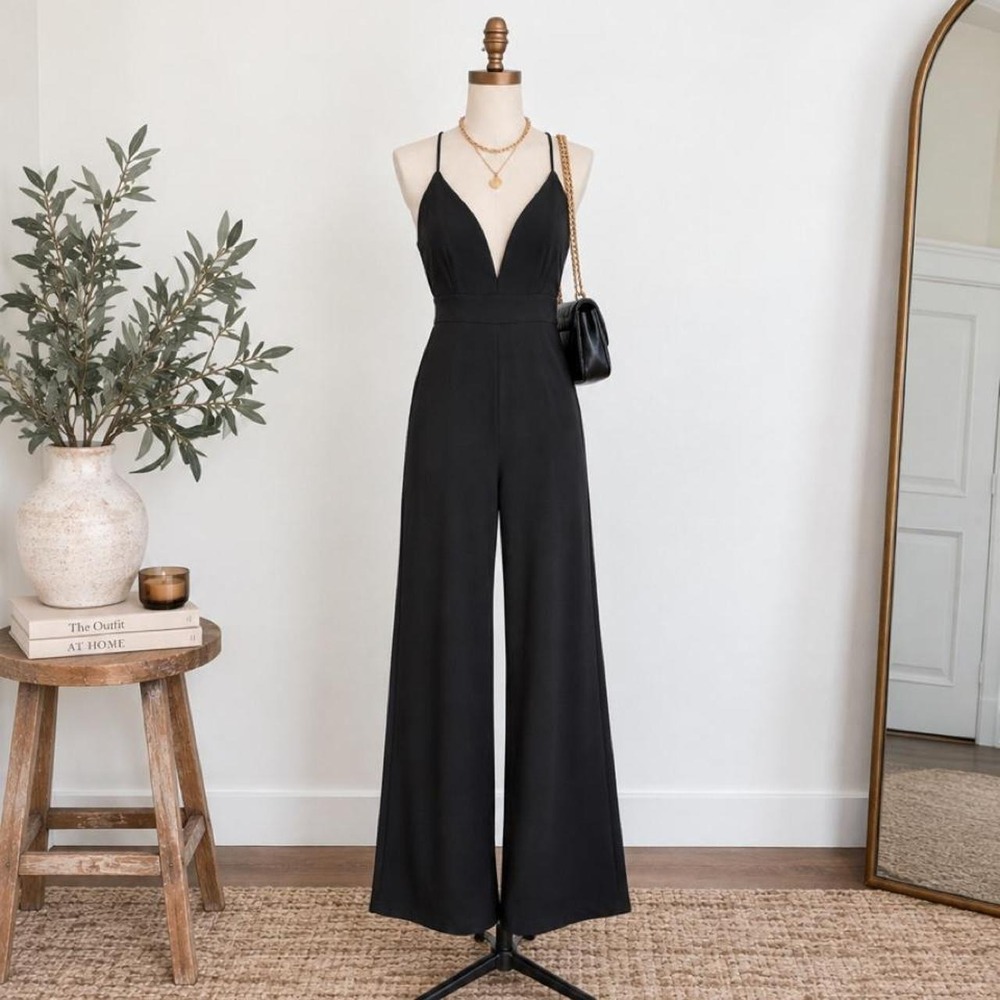 Joe & Elle Black Lace Back Wide Leg Jumpsuit Size Medium